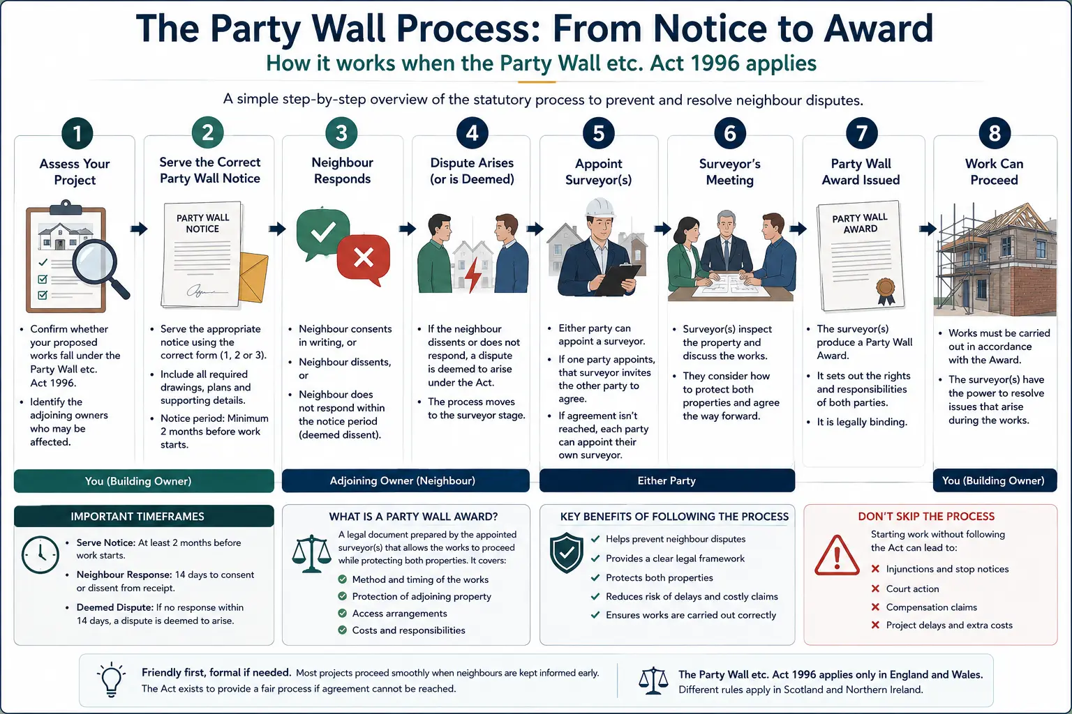 Do I Need a Party Wall Agreement? An infographic showing the party wall process from notice to award in a very interactive way for the citizens living in Huddersfield, UK