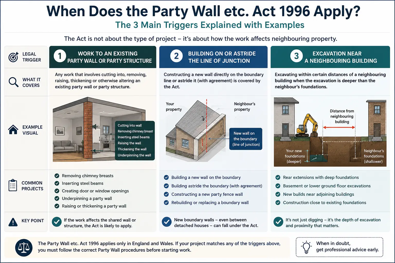 Do I Need a Party Wall Agreement? An infographic showing when does the party wall etc act 1996 apply like excavation, junction, painting, in Huddersfield, UK